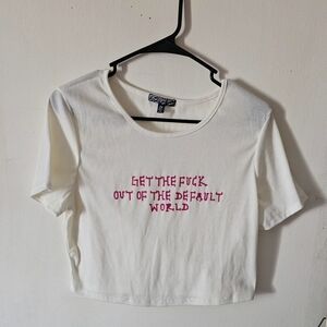 Dolls Kill White Crop Top with Pink Text